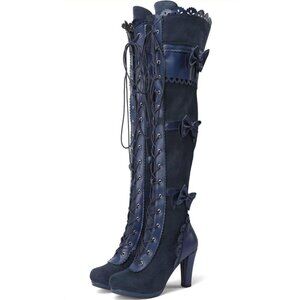 Navy Blue Lolita Knee High Boots With Bows & Lace Trim Cosplay Footwear